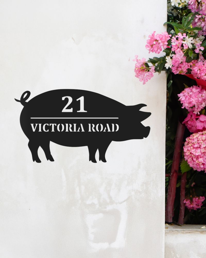 Black Steel Pig House Name & Number Sign 