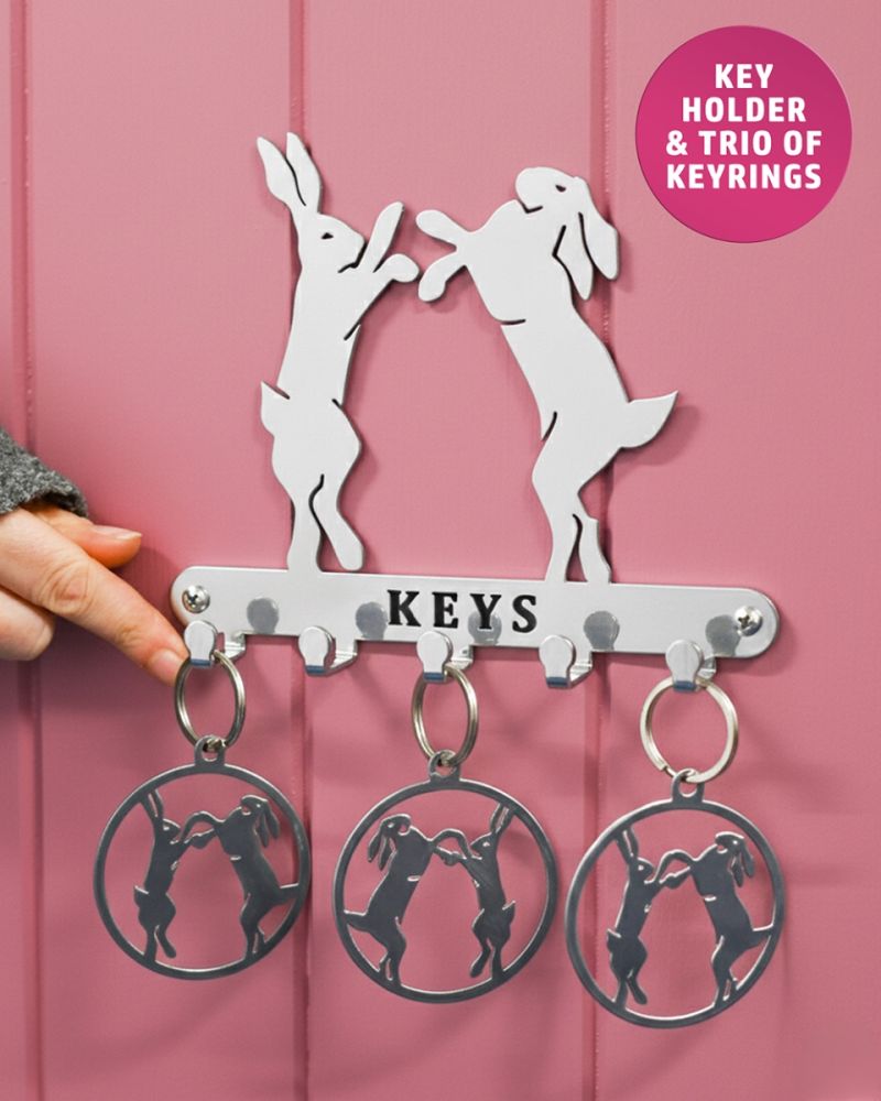 Boxing Hares Key Holder With Trio Of Keyrings