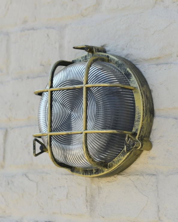 Brushed Brass 'Caspian' Round Nautical Bulkhead Wall Light - 20cm