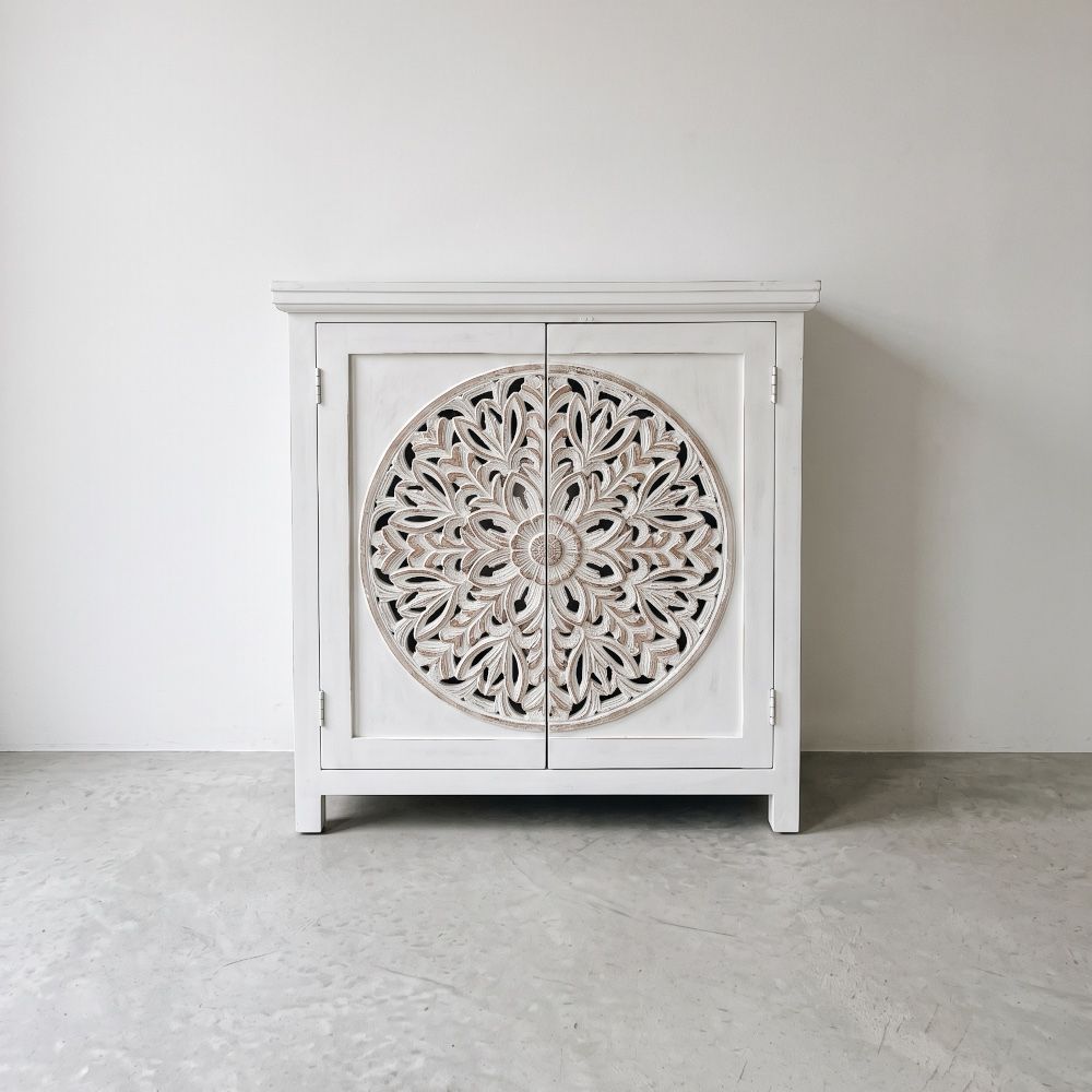 Carved Circular Mandala White Sideboard
