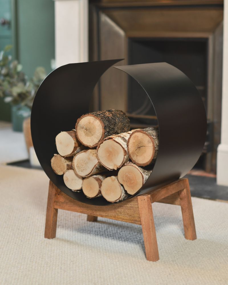 Contemporary Curved Steel 'Somerton' Log Holder With Wooden Legs