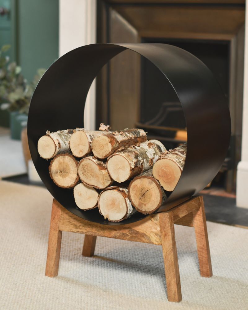 Contemporary Round Steel 'Hever' Log Holder With Wooden Legs