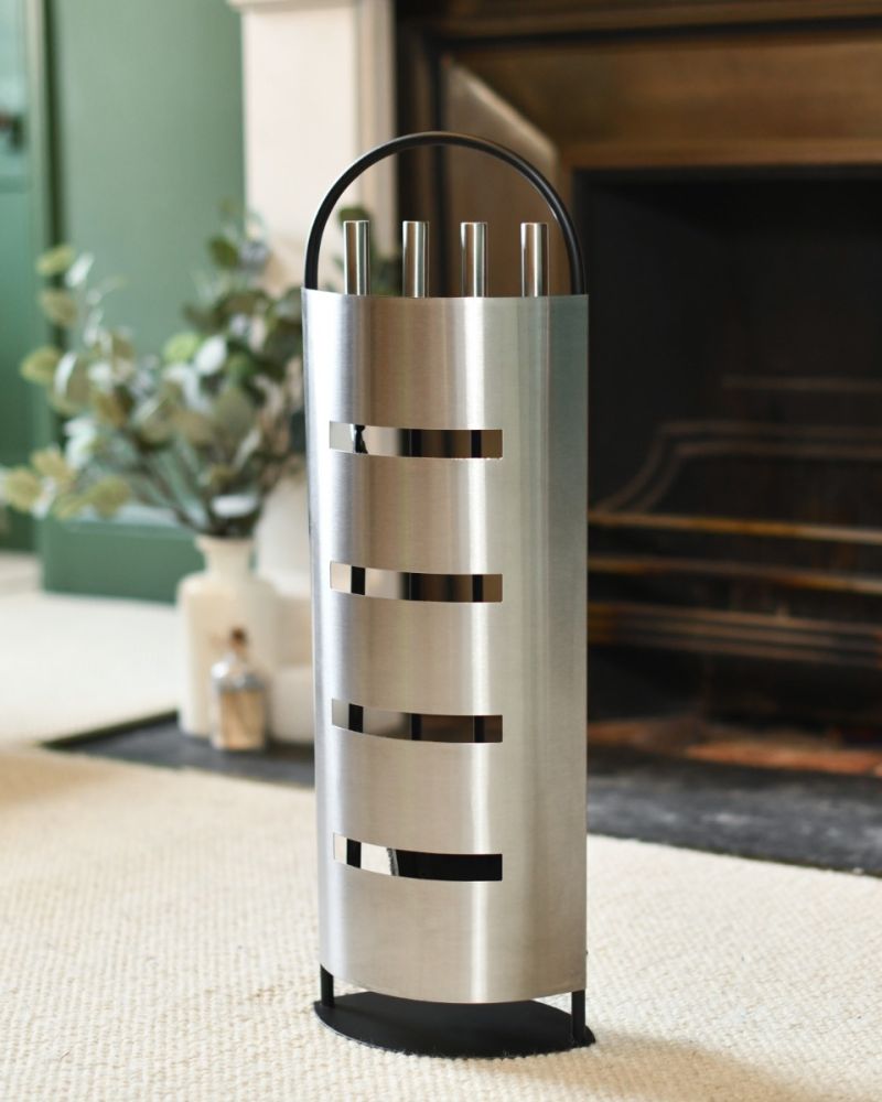 "Crescent" Brushed Steel Contemporary Companion Set in Situ