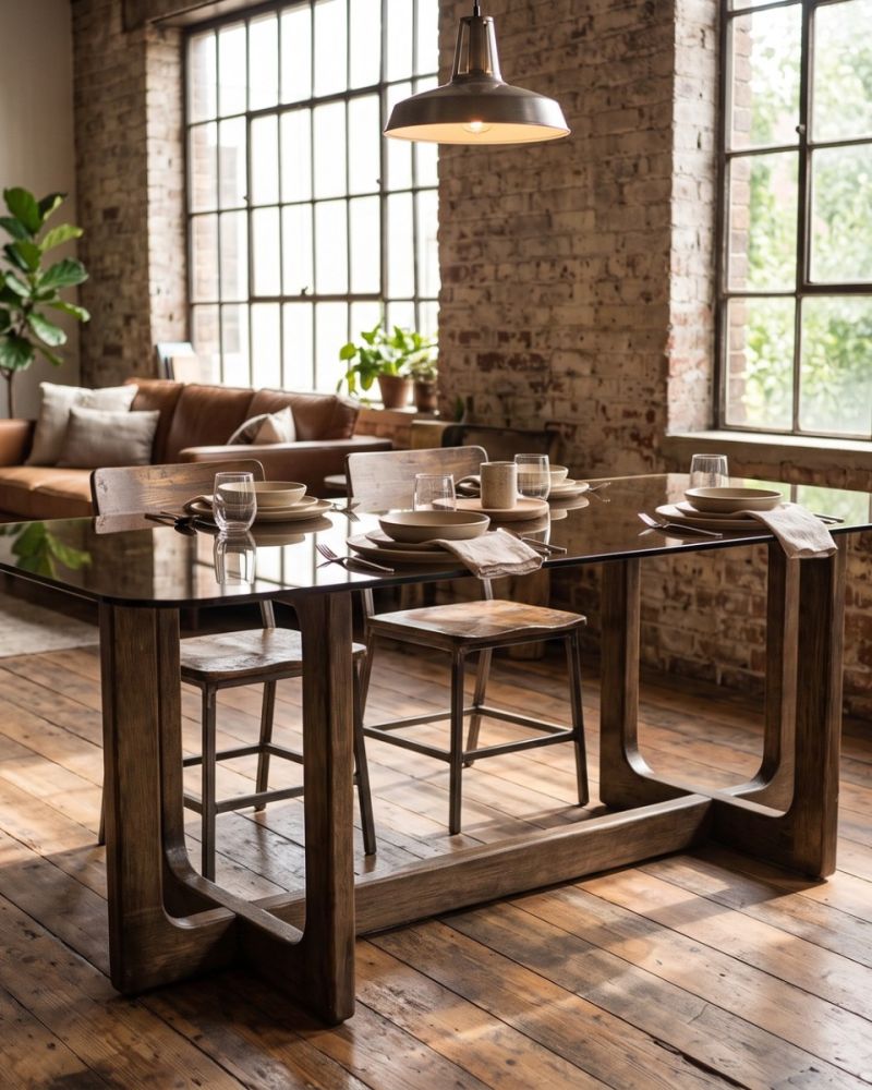 Smoked Glass and Solid Wood Dining Table
