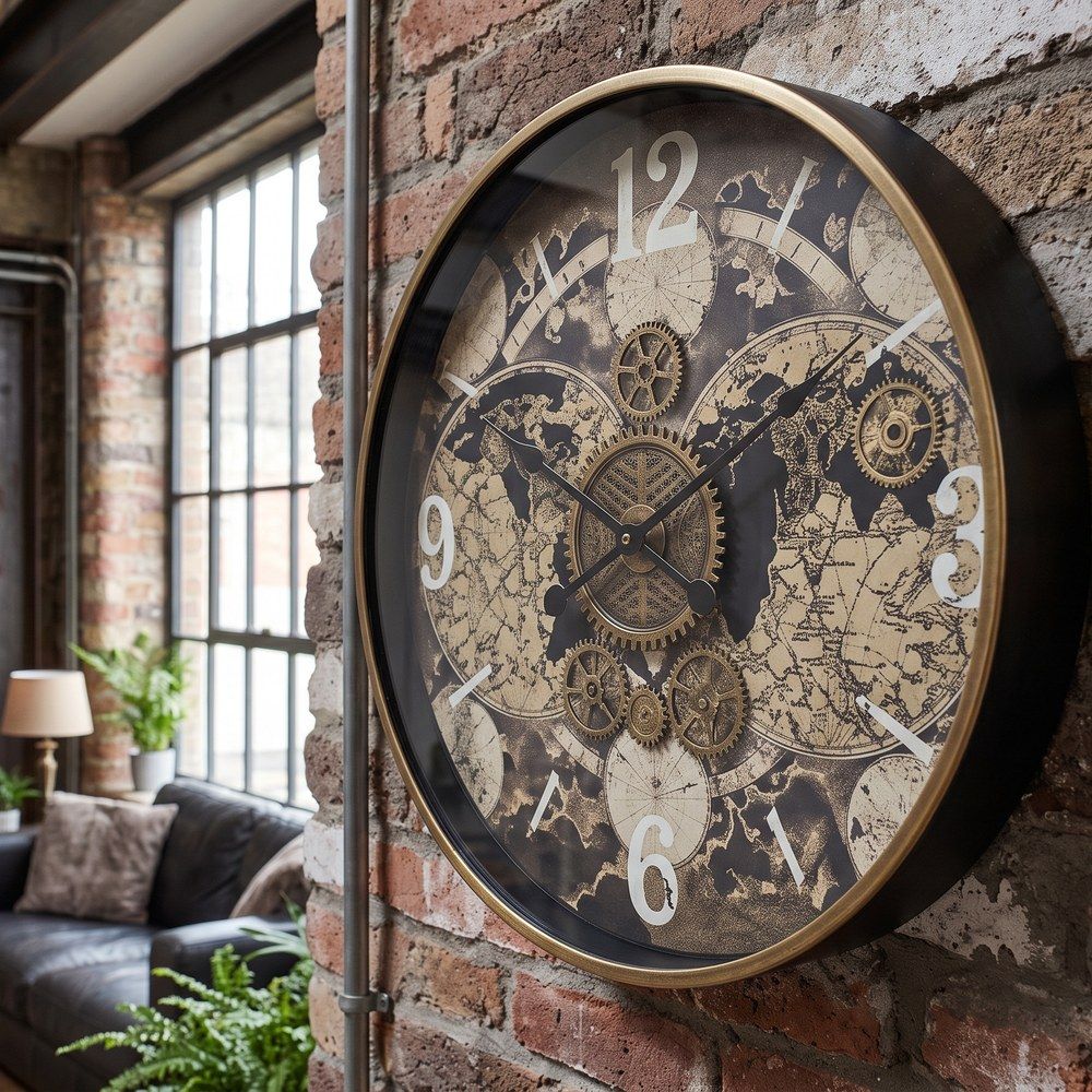 Antique World Map Gear Wall Clock