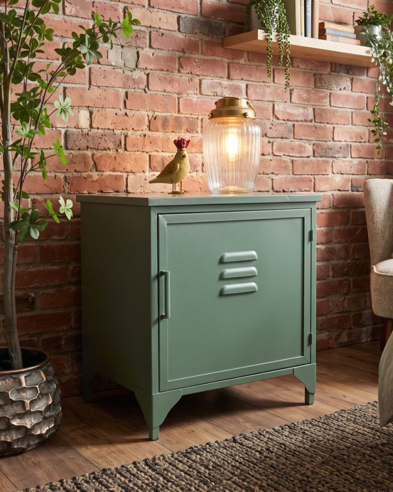 Sage Green Iron Locker-Style Bedside Cabinet