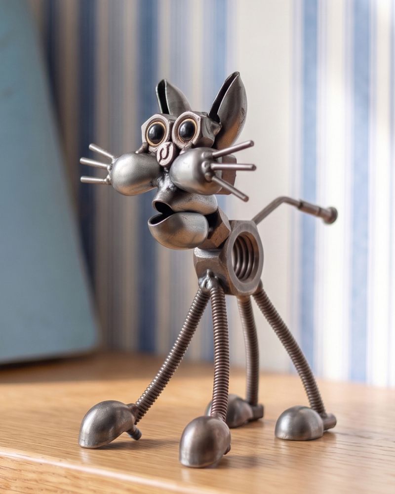 'Threaded Tomcat' Polished Handmade Metal Art Sculpture