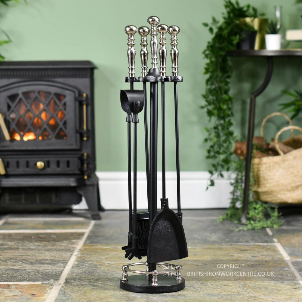 Traditional Black Fireside Companion Set With Polished Chrome Handles