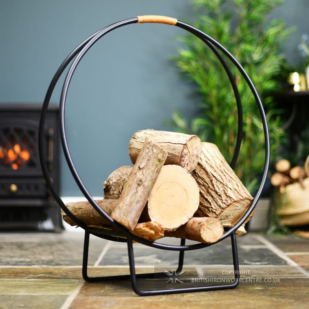 Modern Black Circular Log Basket with Wrapped Brown Handle - 45cm angled to the right 