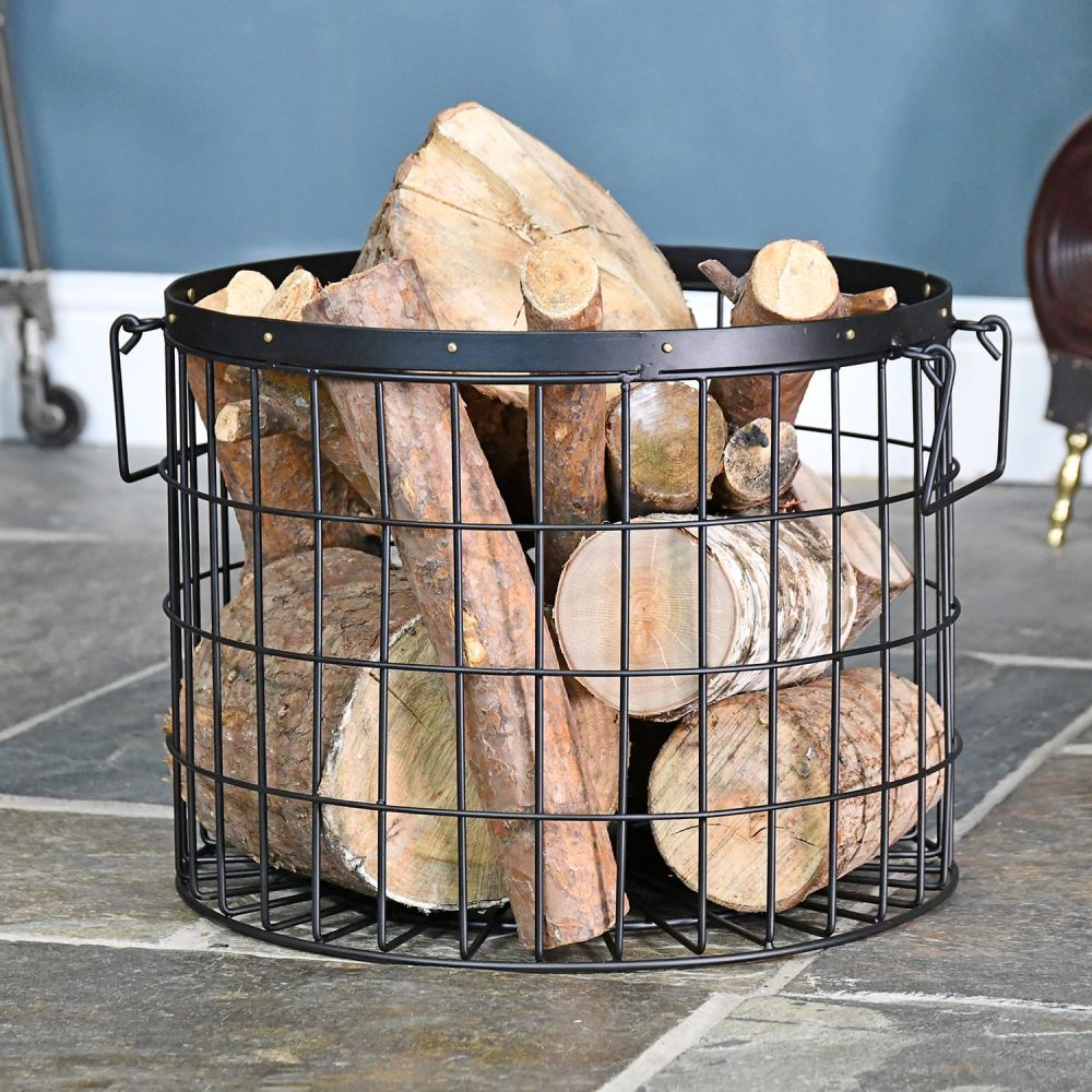 Large Black Wirework Fireside Log Basket In Living Room Setting