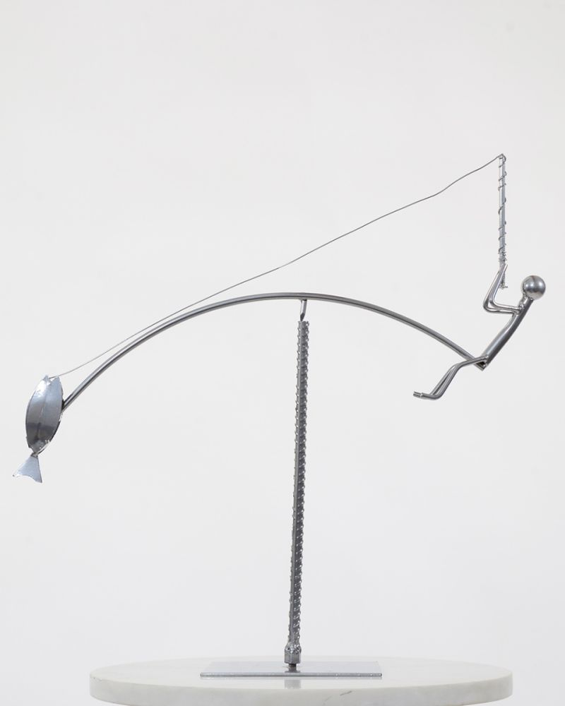 Scrap Metal Chrome Kinetic Balance Sculpture - The Big Catch 
