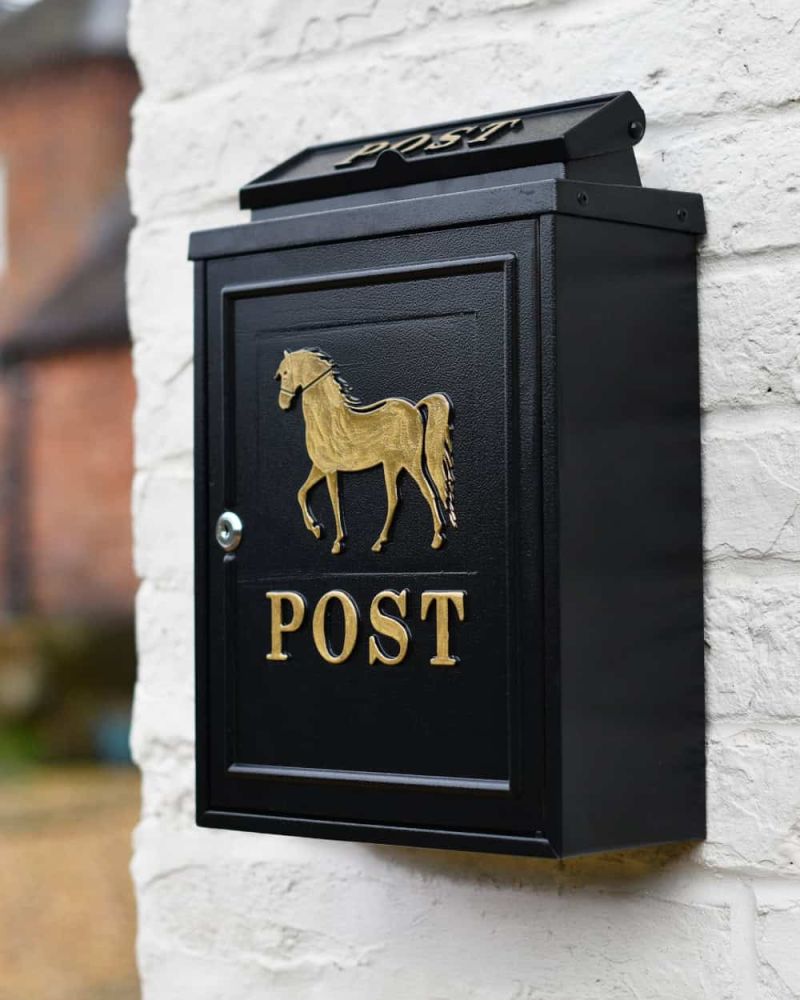 Gold Horse Motif Black Wall Mounted Post Box (Clearance)