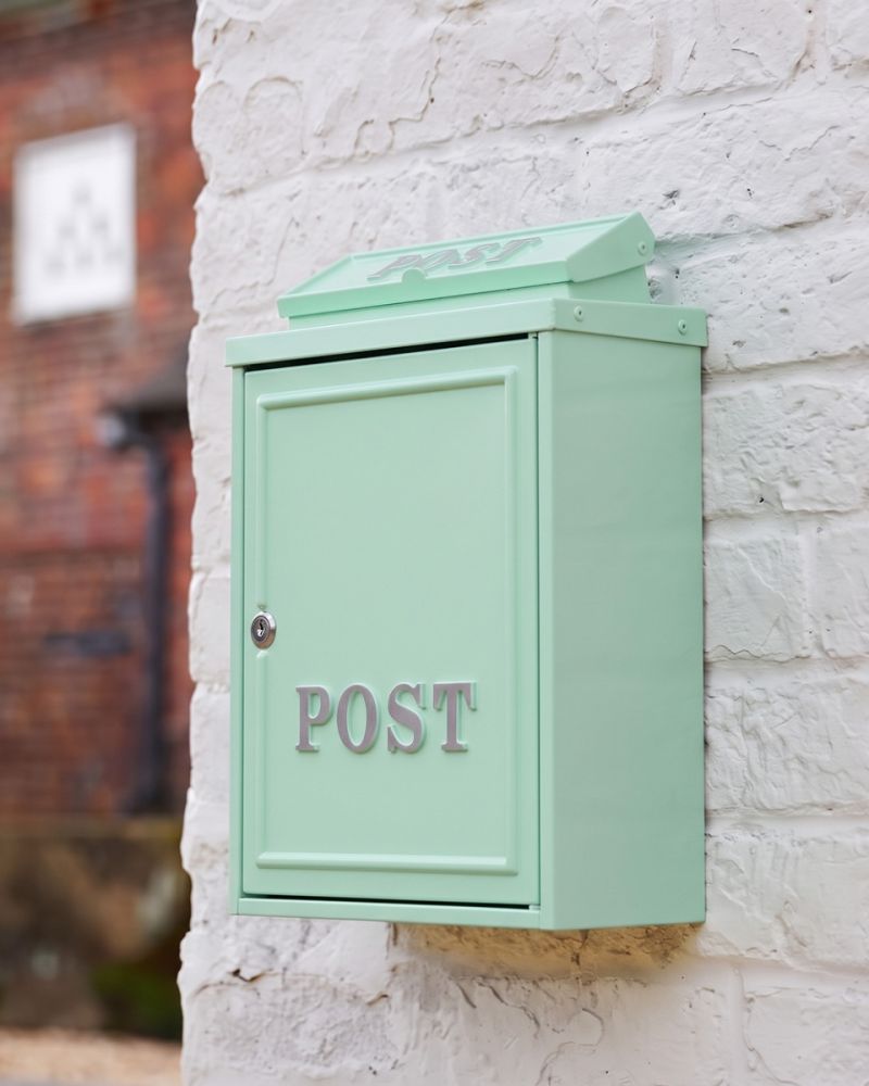 Mint Green Wall Mounted Post Box With Silver Lettering
