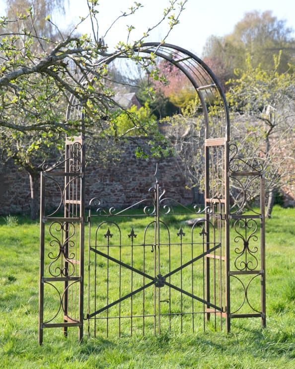 Ornate Rustic 'Wightwick' Natural Steel Rose Arch With Gate - 2.4m