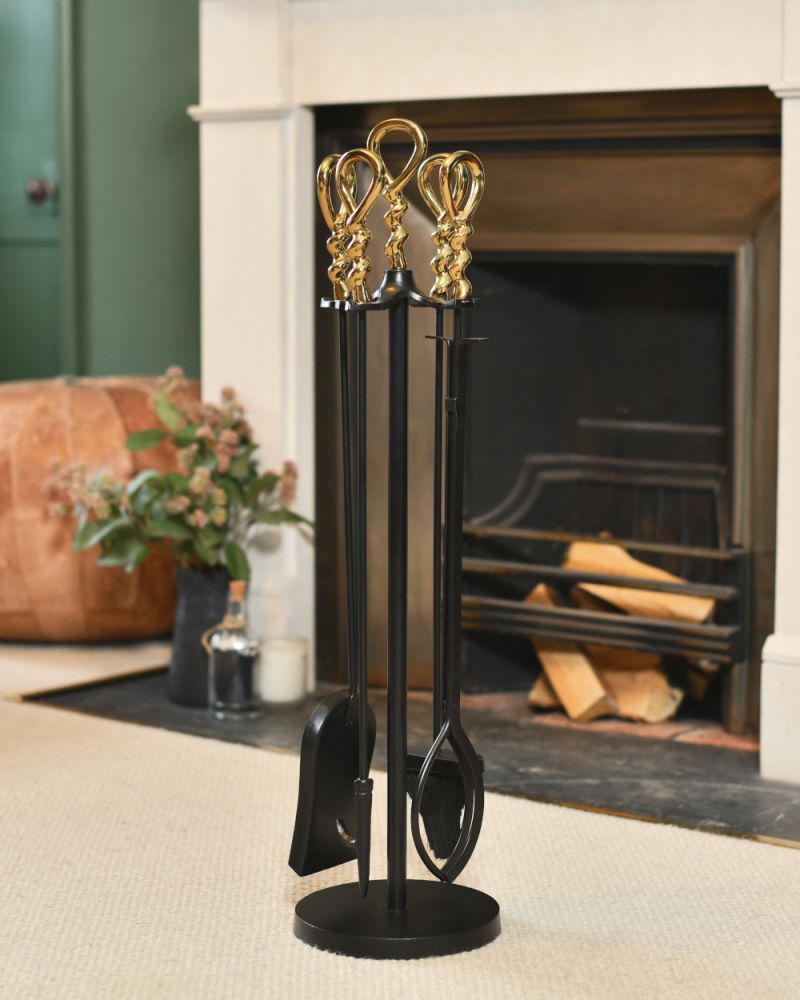 Ornate 'Swirl' Companion Set With Polished Brass Handles