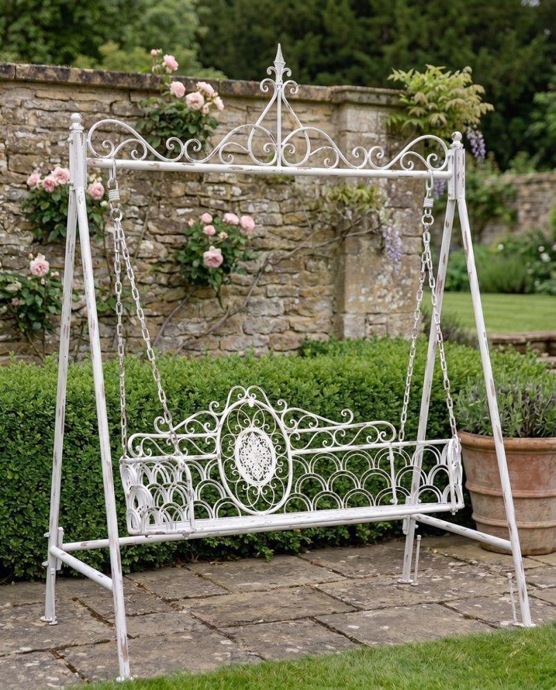 Ornate 'Woburn' Antique Cream Wrought Iron Garden Swing Bench