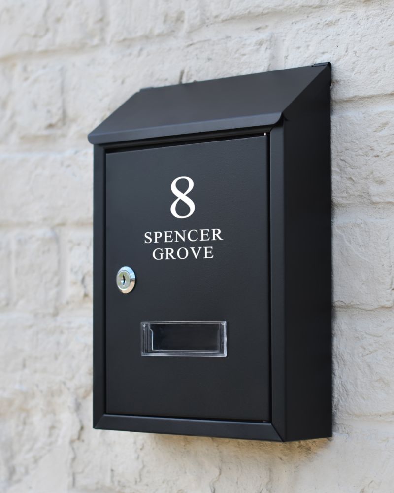 Personalised Steel Wall Mounted Contemporary Slanted Post Box In Black