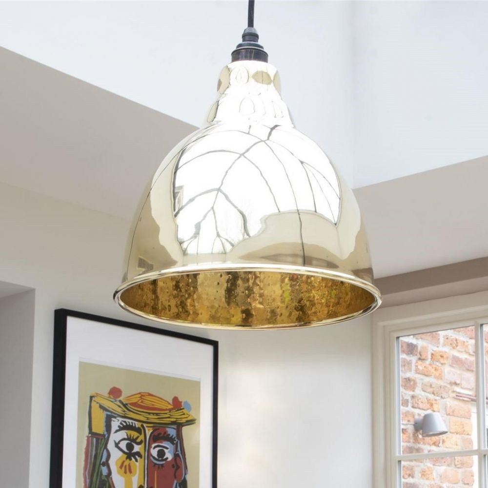 Polished Brass Bowl Pendant Light With Hammered Brass Interior