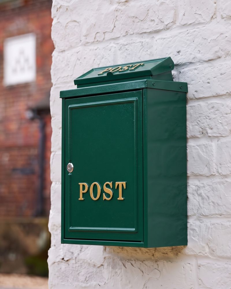 Royal Green Wall Mounted Post Box With Gold Lettering