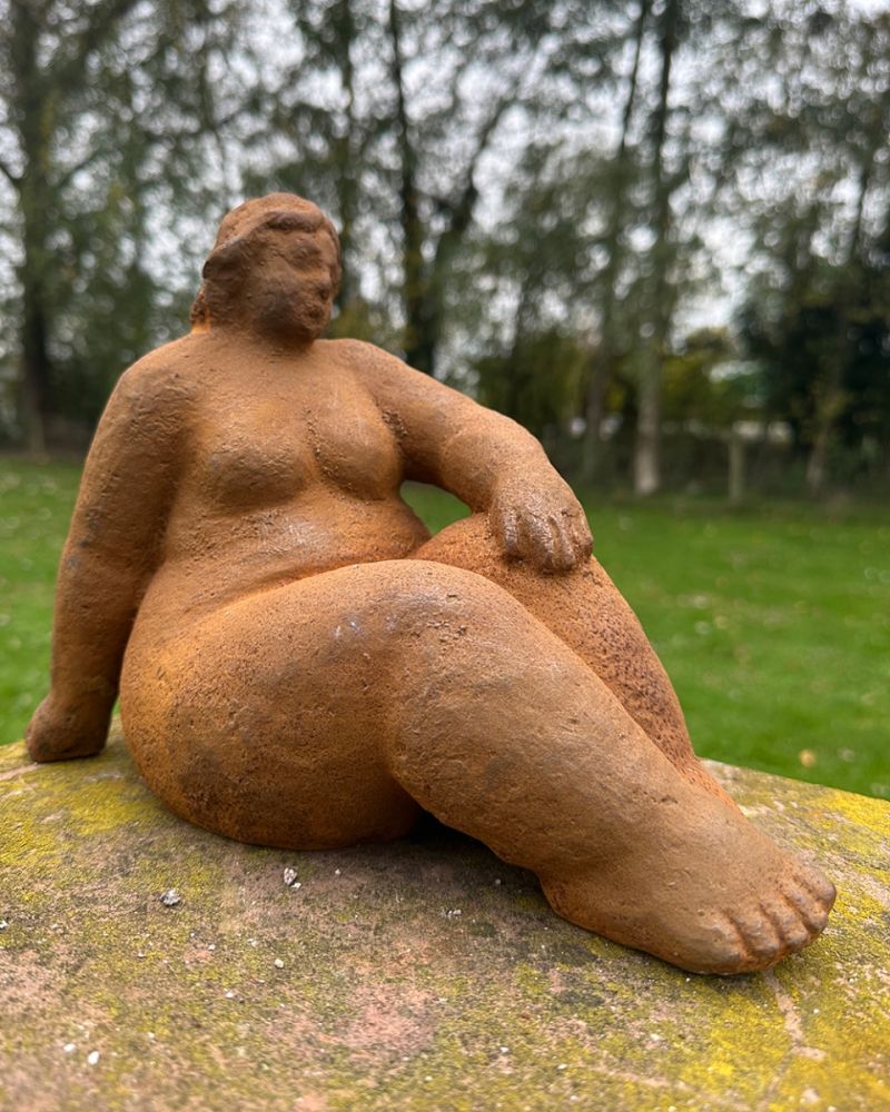 Rustic Cast Iron Lounging Woman Garden Sculpture