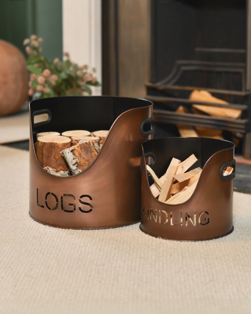 Set Of Two Steel 'Rame' Copper Logs & Kindling Buckets