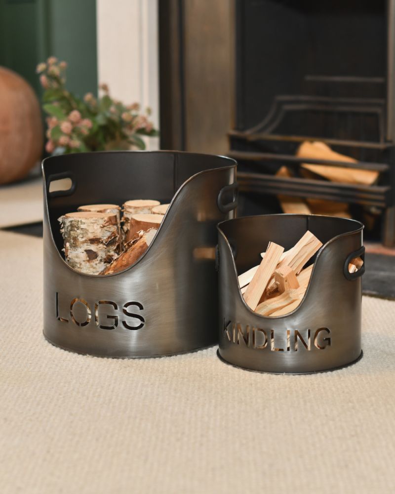Set Of Two Steel 'Rame' Silver Logs & Kindling Buckets