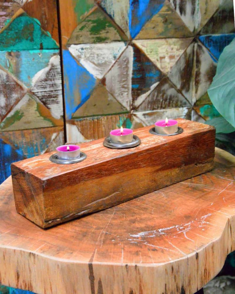 Set Of Two Triple Recycled Hardwood Tealight Holders