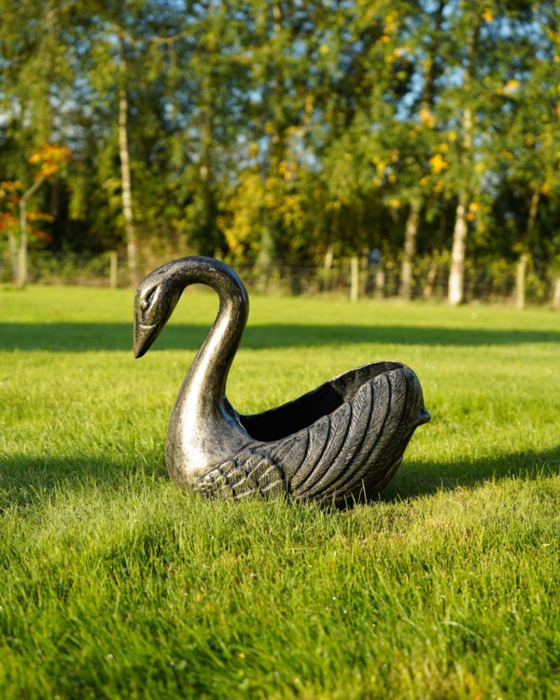Small Black & Gold Ornate Swan Garden Planter 