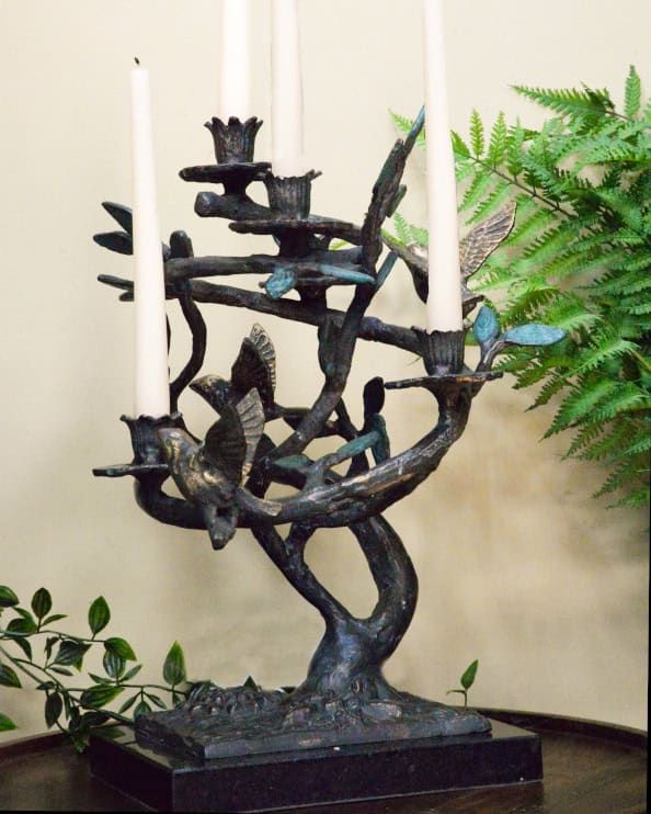 Decorative Cast Aluminium 'Birds On A Branch' Candelabra - 43cm