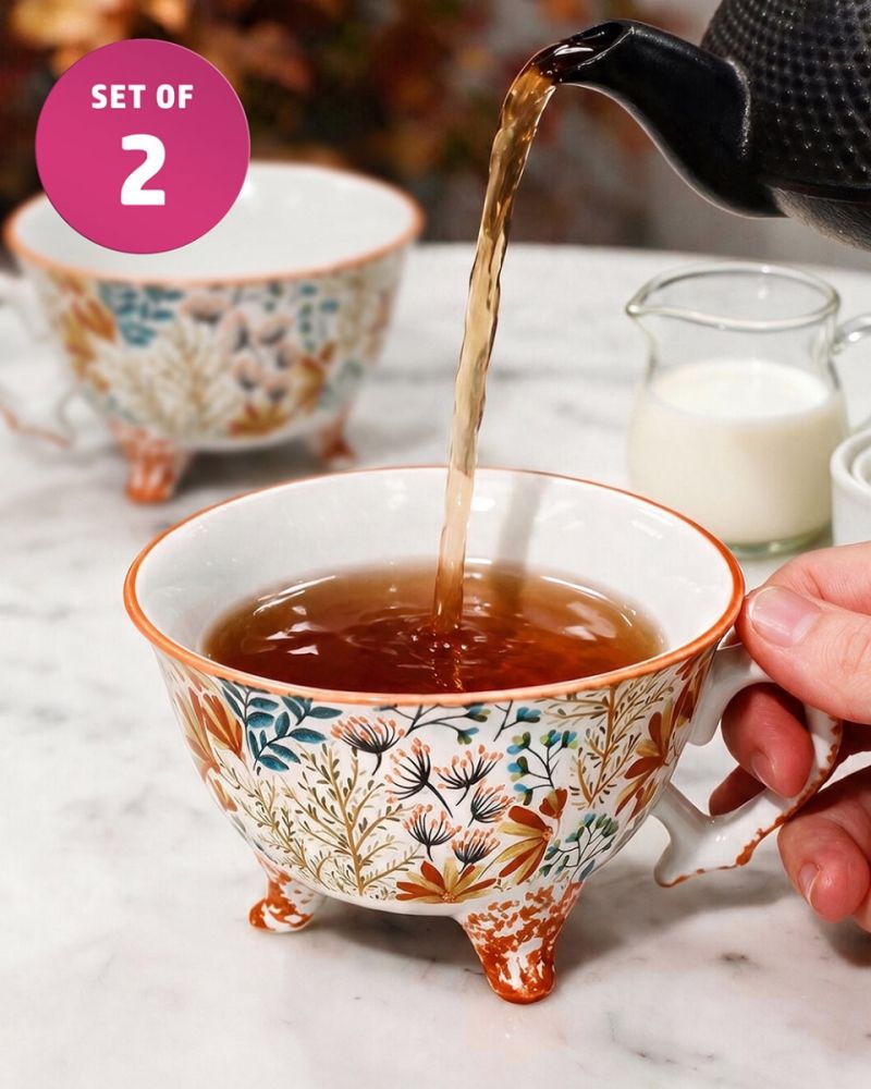 'The Adalia' Orange Floral Ceramic Tea Cup - Set Of Two