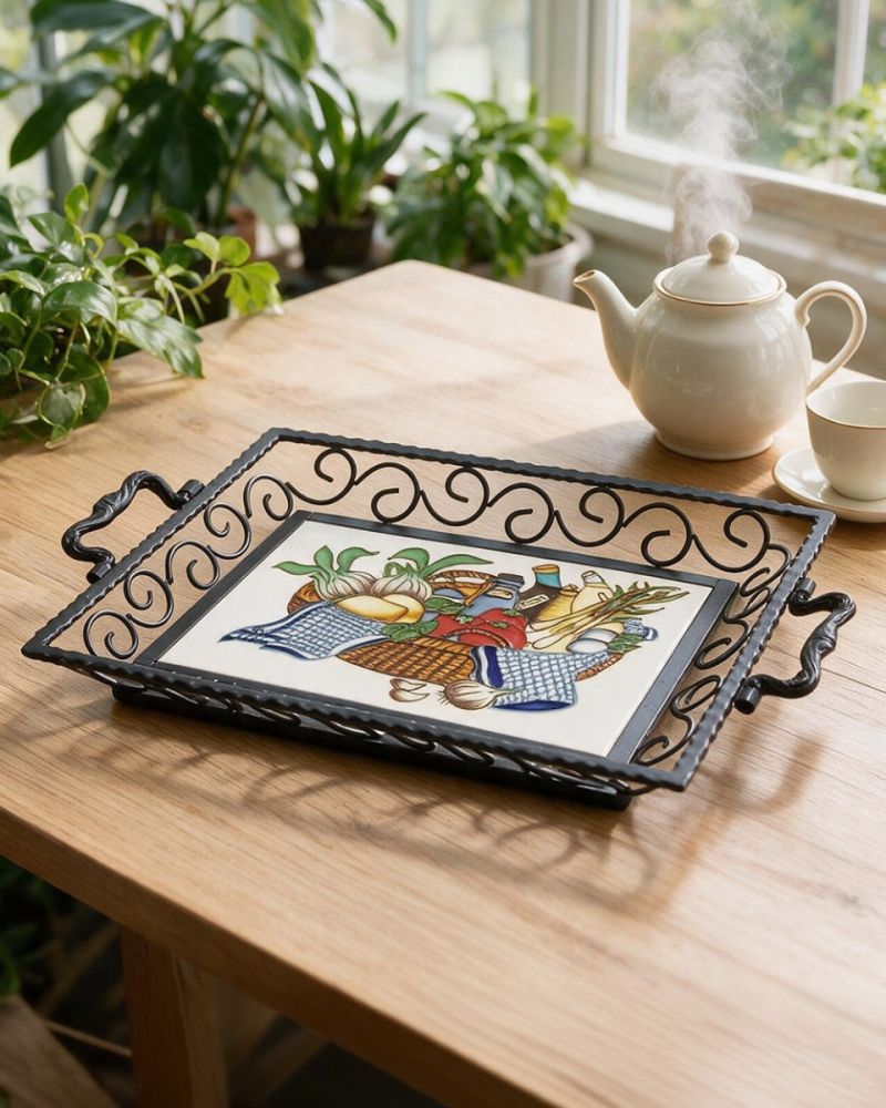'Vibrant Harvest' Cast Iron & Ceramic Tray