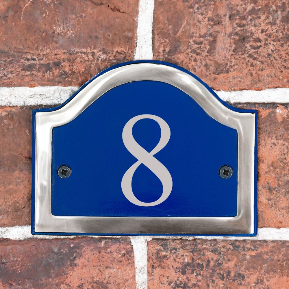 Blue And Chrome Arched House Number Sign With Vinyl Numbers