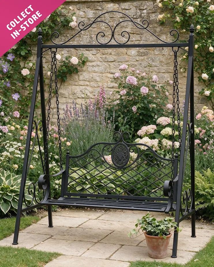 Wrought Iron 'Locksley' Garden Swing Bench - Black