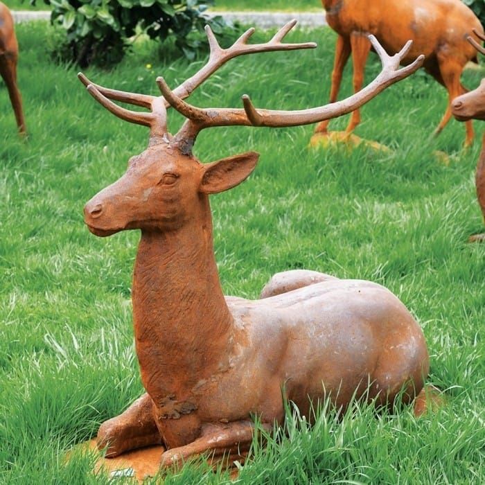 “Elkin” Beautiful Stag Laying Down Created in Iron - Facing Forward in Situ in the Garden