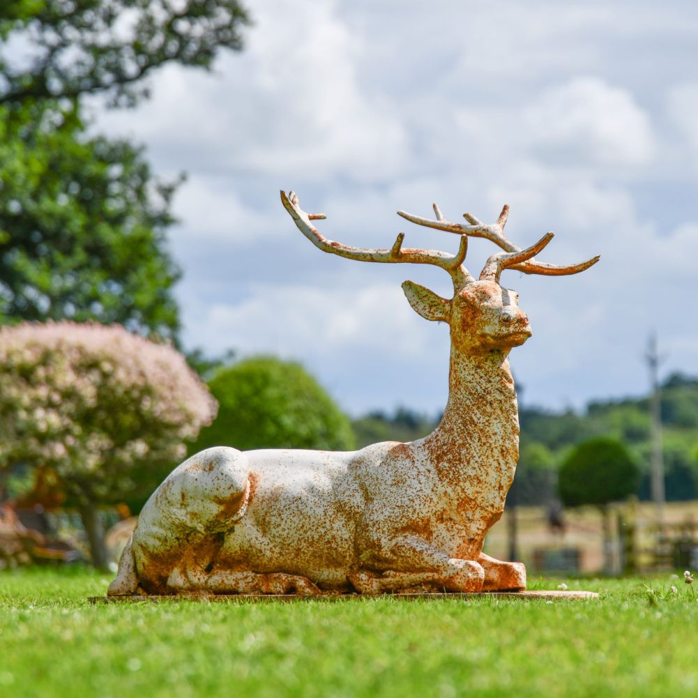 “Elkin” Rustic Cream Cast Iron Stag Sculpture in Situ
