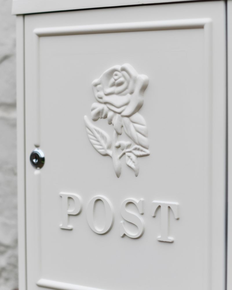 Close Up Of The Rose Motif On The Traditional Cream Post Box