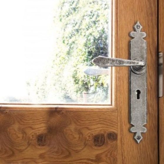 Aged Pewter Tudor Style Sprung Lever Lock Set On The Door