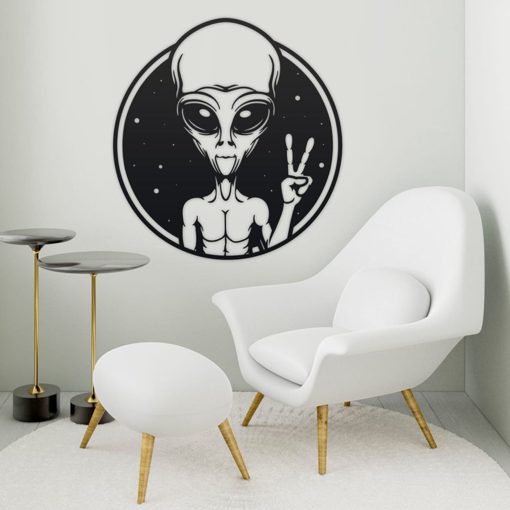 Black Alien Peace Sign Wall Art With Reading Chair