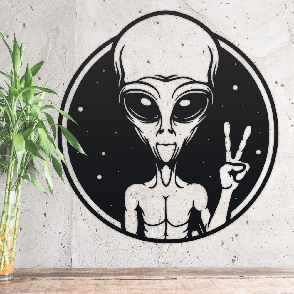 Black Alien Peace Sign Wall Art With Bamboo