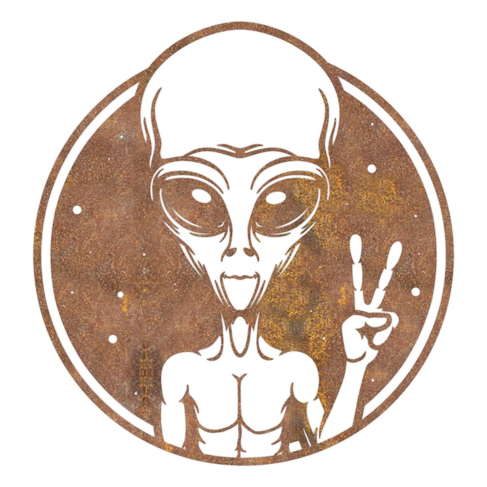 Rustic Alien Peace Sign Wall Art On a White Background
