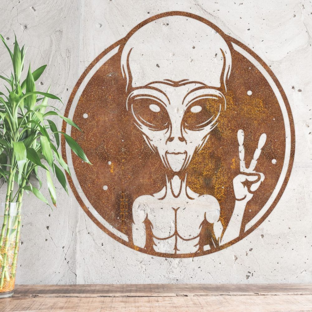 Rustic Alien Peace Sign Wall Art With Bamboo