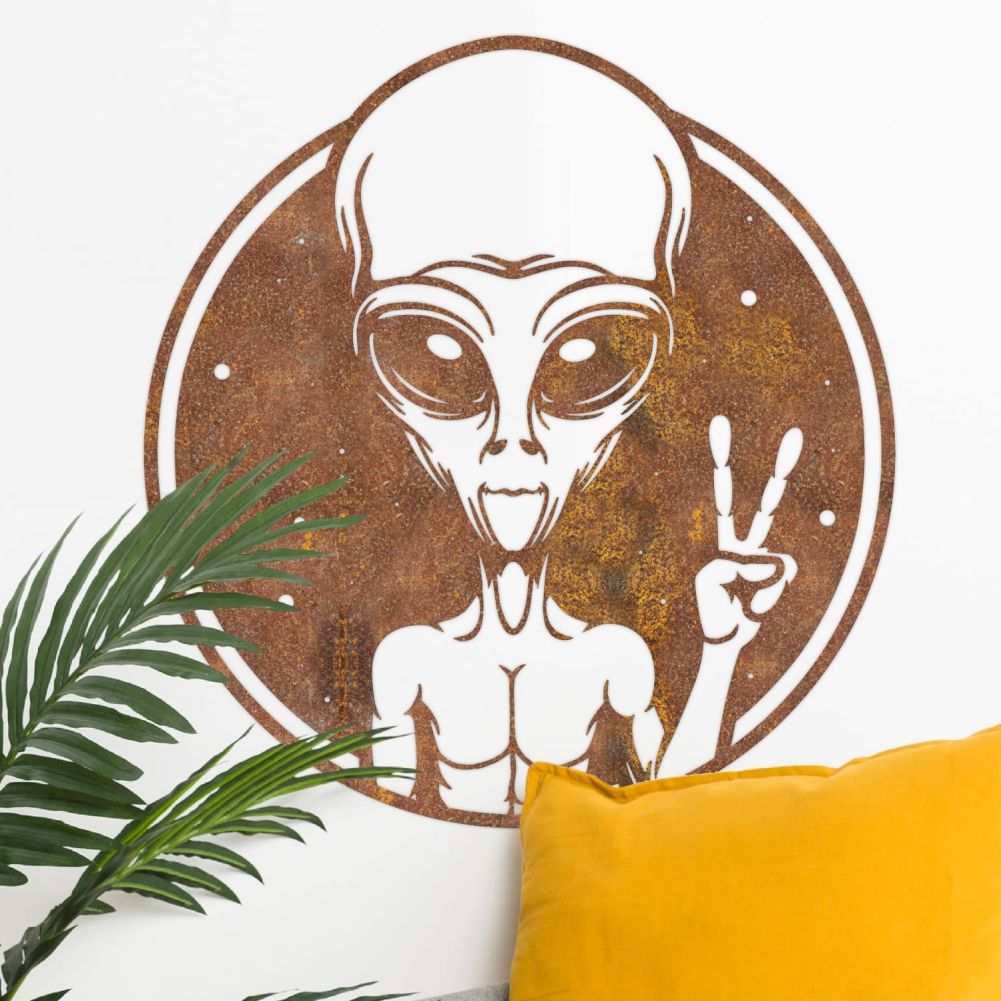 Rustic Alien Peace Sign Wall Art In a Lounge