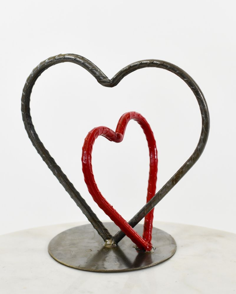 Red 'Aloha' Two Hearts Scrap Metal Art Sculpture  Front