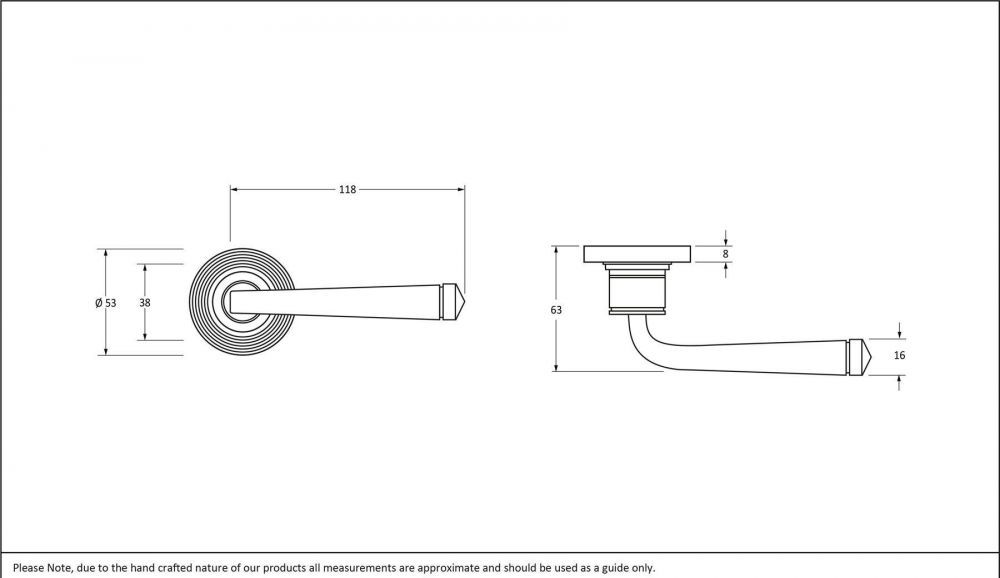 Art Deco Midnight Black Unsprung Door Handle on Beehive Rose dimensions