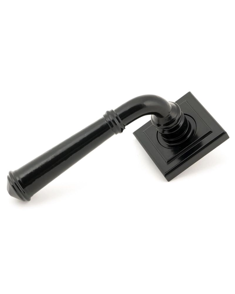 Art Deco Midnight Black Unsprung Lever Door Handle on Square Rose Side On