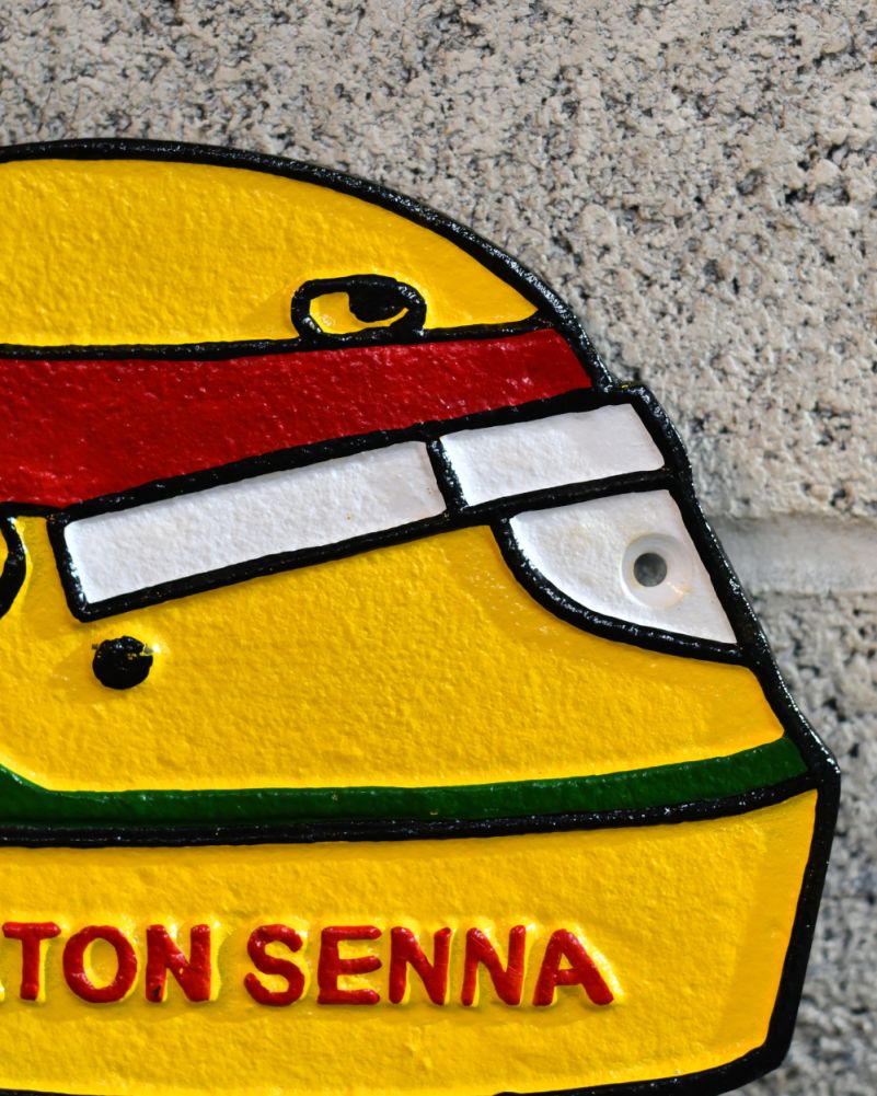 Ayrton Senna 1994 Helmet Cast Iron Automobilia Sign Close Up