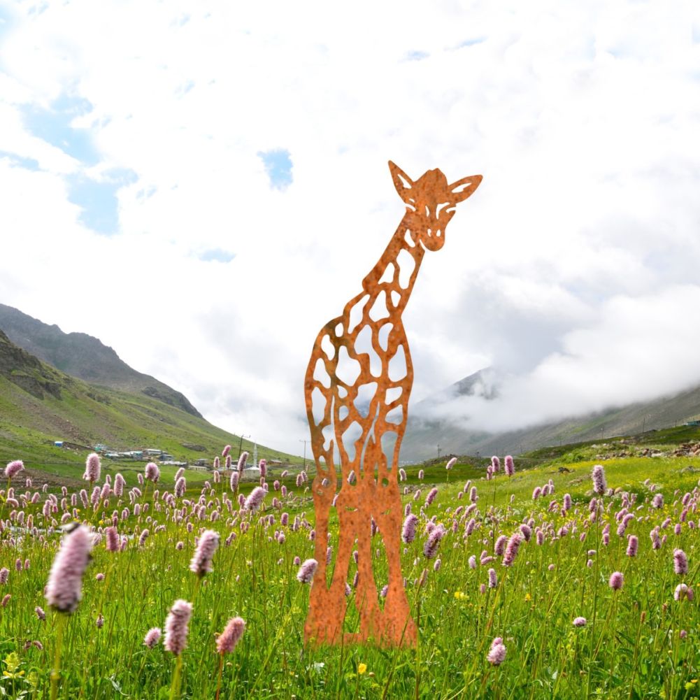 Baby Giraffe Sheet Steel Silhouette in Rustic Finish in Situ