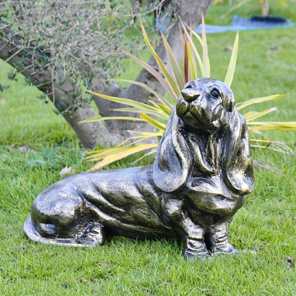 Basset Hound Antique Bronze Garden Sculpture in Situ in the Garden
