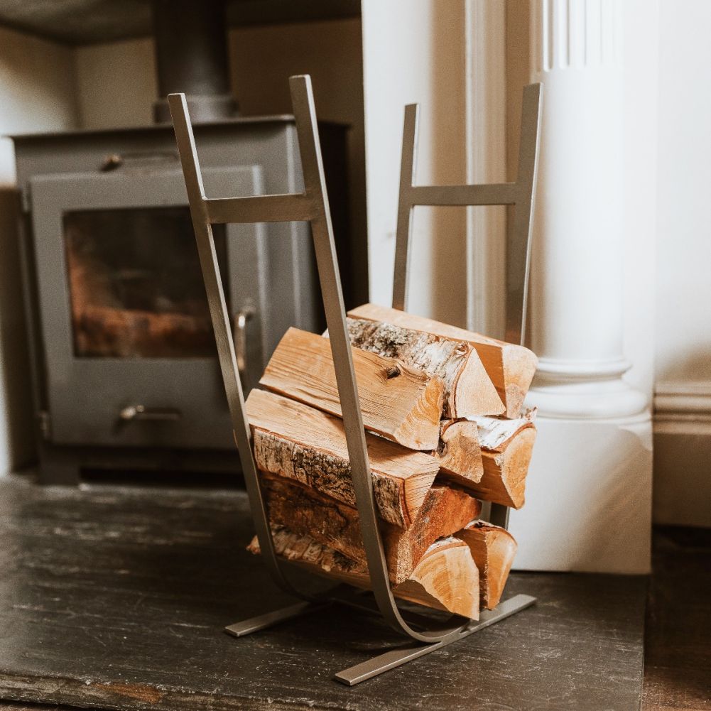 Minimalistic Antique Pewter Log Rack & Holder