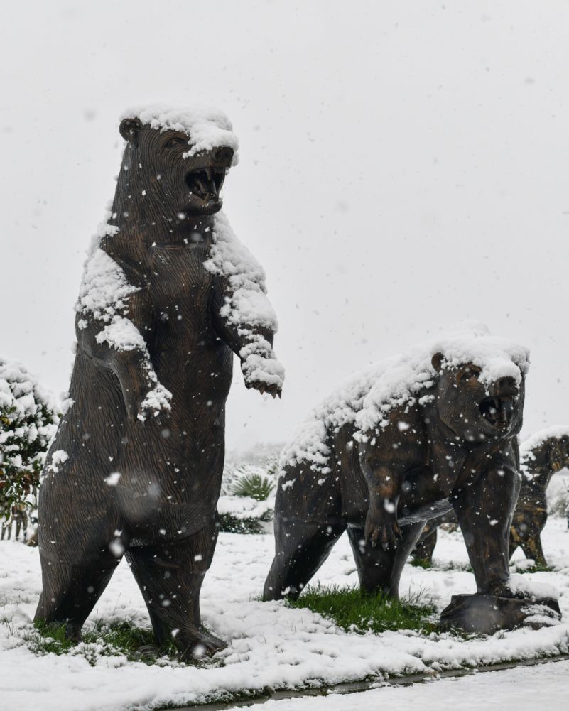 American Brown Bears Antique Bronze Garden Sculpture In The Snow